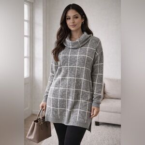 Lumiere Gray Windowpane Cowl Neck Sweater Tunic Long Sleeve Size M
